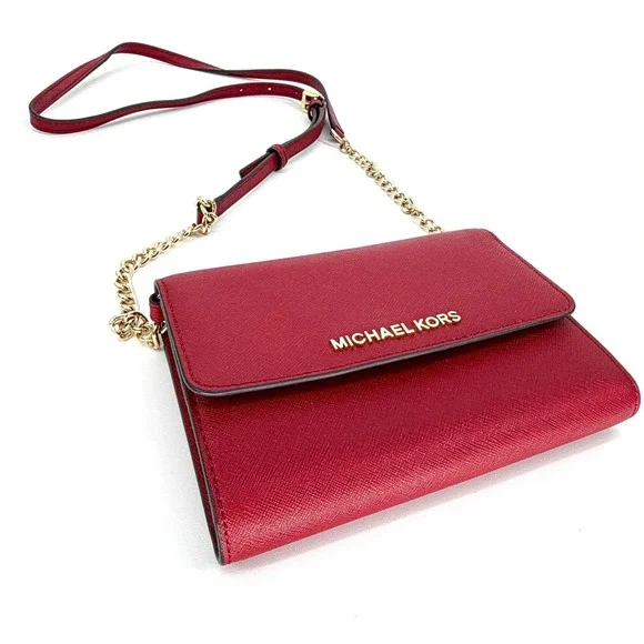 Michael Kors Jet Set Travel Saffiano Leather Crossbody Red - Gold Chain Strap EC - Picture 4 of 15